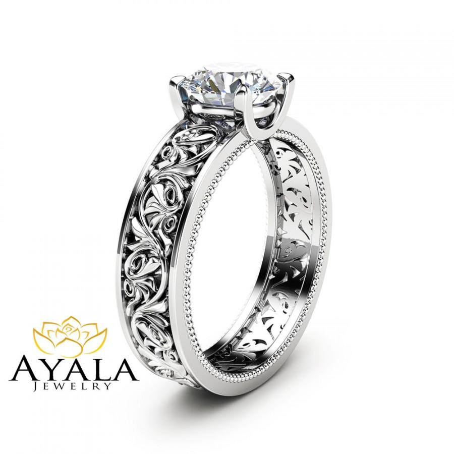 Wedding - Solitaire Moissanite Engagement Ring Solid 14K White Gold Engagement Ring Filigree 1ct Moissanite Ring