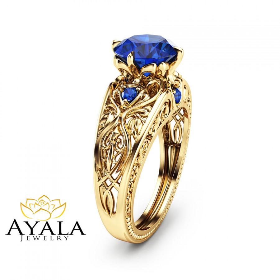 زفاف - 2 Carat Blue Sapphire Ring  14K Yellow Gold Engagement Ring Art Deco Styled Sapphire Ring Unique Alternative Ring
