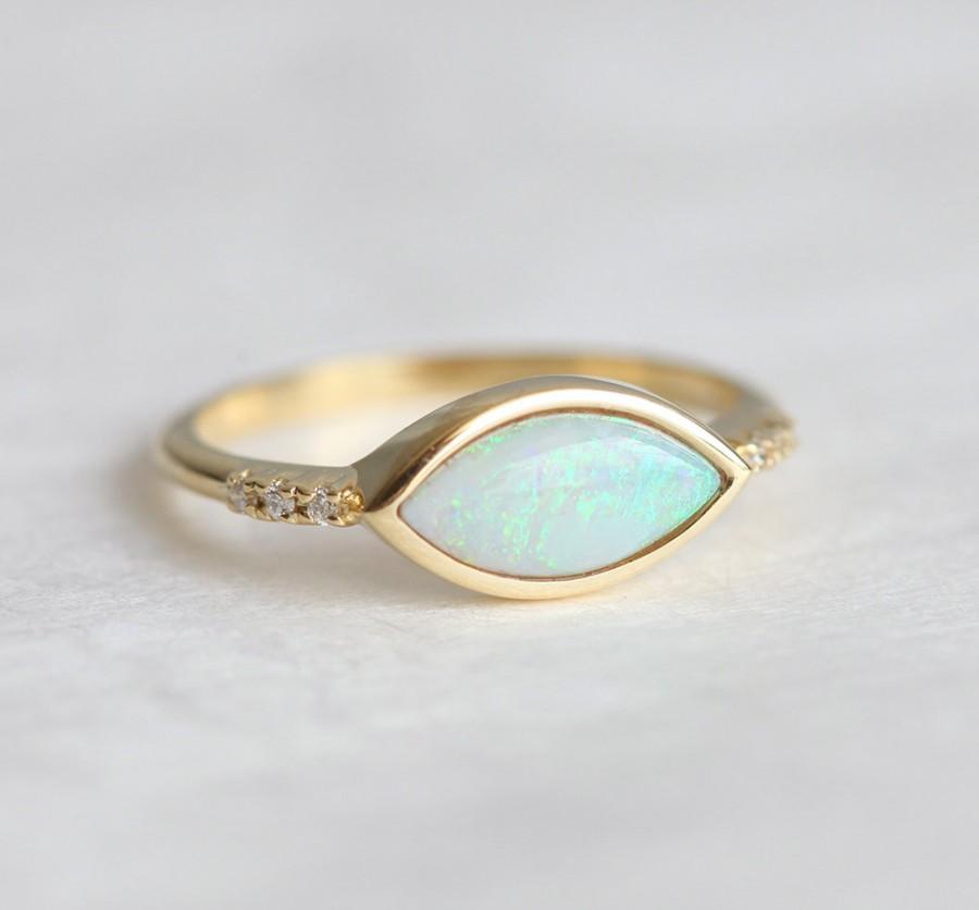 Wedding - Gold Opal Ring, Marquise Opal Engagement Ring, Australian Opal Ring, White Opal Ring, Eye Ring, Opal Eye Ring