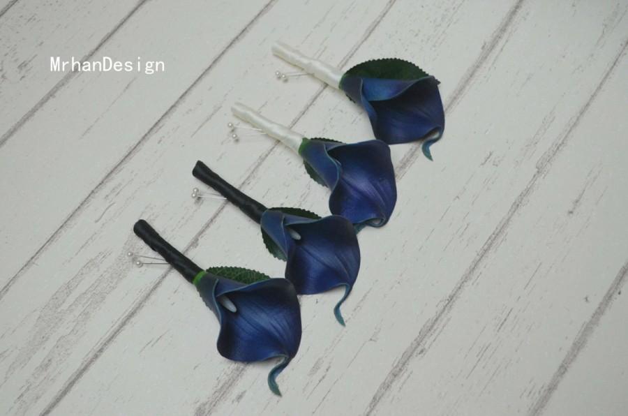 Hochzeit - Boutonniers Real Touch Navy Blue Picasso Calla Lily Boutonniere Silk Bridal Wedding Bouquet Packages