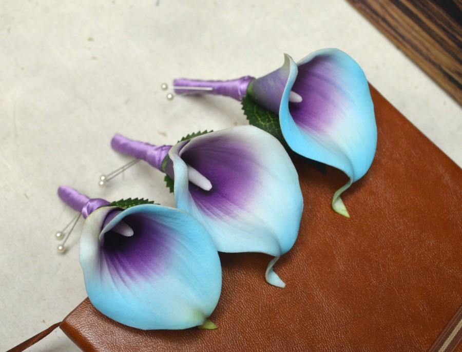 Hochzeit - 3 Boutonnieres Blue Purple Picasso calla Lily Boutonnieres Real Touch Flowers Silk Wedding Flowers Package