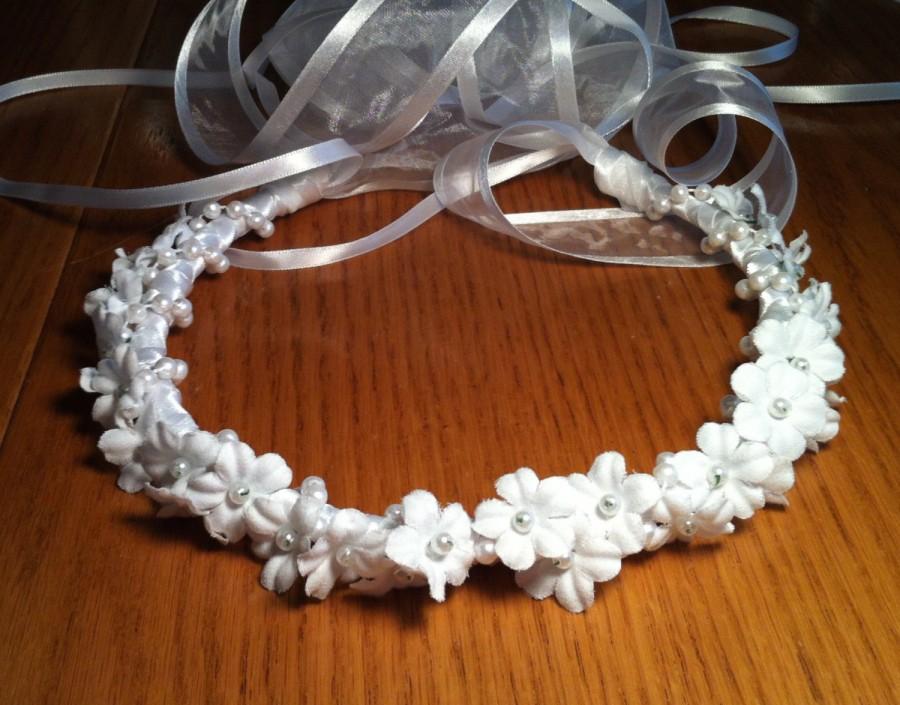 Hochzeit - Communion Crown - First Holy Communion Flower & Faux Pearl Bridal Girl Floral Ribbon Halo Piece Wreath Garland white ivory C-Elizabeth