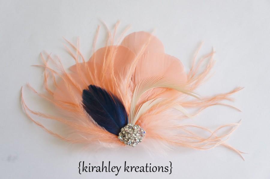 Hochzeit - Peach Coral Sapphire Blue Ivory Ostrich Feather Fascinator SASHA Wedding Bride Bridesmaid Prom Hairpiece Hair Clip Iridescent Rhinestone