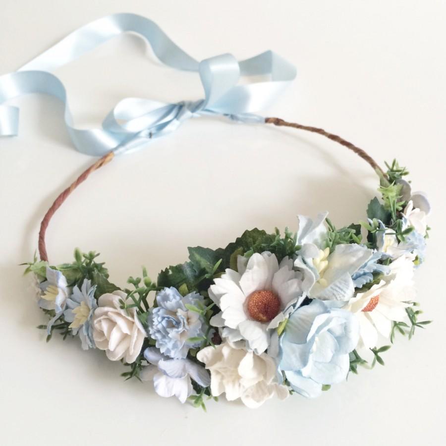 Hochzeit - Wedding Flower Crown- Something Blue Headband- Blue Flower Crown- Maternity Photo Prop- Daisy Floral Halo- Flower Girl Headband