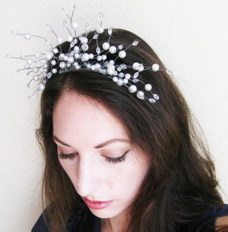 زفاف - Gorgeous Silver Pearl Crystal Hand Wire Beaded Bridal Bride Wedding Tiara Crown DELLIANA Headpiece Winter Snow Queen Elsa Princess Frozen
