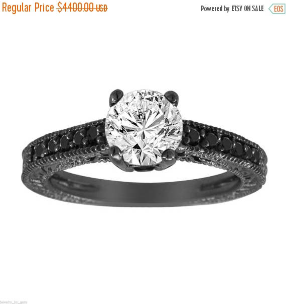 زفاف - ON SALE Natural White & Black Diamond Engagement Ring Antique Vintage Style Engraved 14K Black Gold 1.22 Carat Certified Handmade