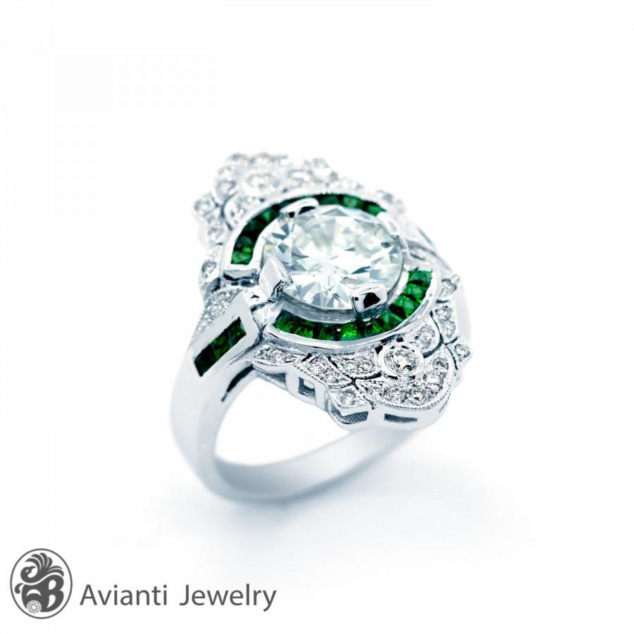 Wedding - Emerald Ring, Engagement Ring With Emerald Wedding Ring, White Gold Engagement Ring, European Cut Diamond 
