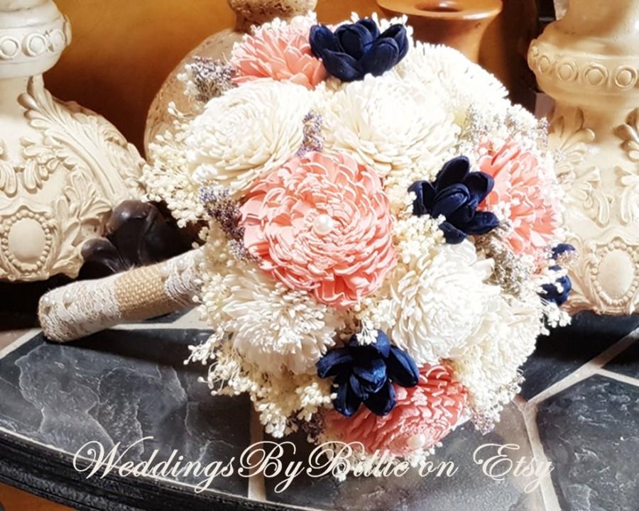 Свадьба - Salmon Dusty Rose Blush Navy Sola Flower Bouquet, Burlap and Lace, Alternative Bouquet Rustic Shabby,Bridal Accessories,Keepsake Bouquet