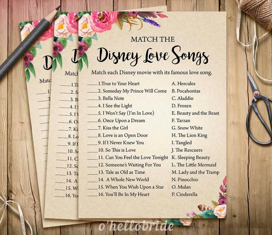 Hochzeit - Disney Love Songs Bridal Shower Game - Printable Boho Bohemian Bridal Shower Disney Love Song Game - Bachelorette Party Games 003