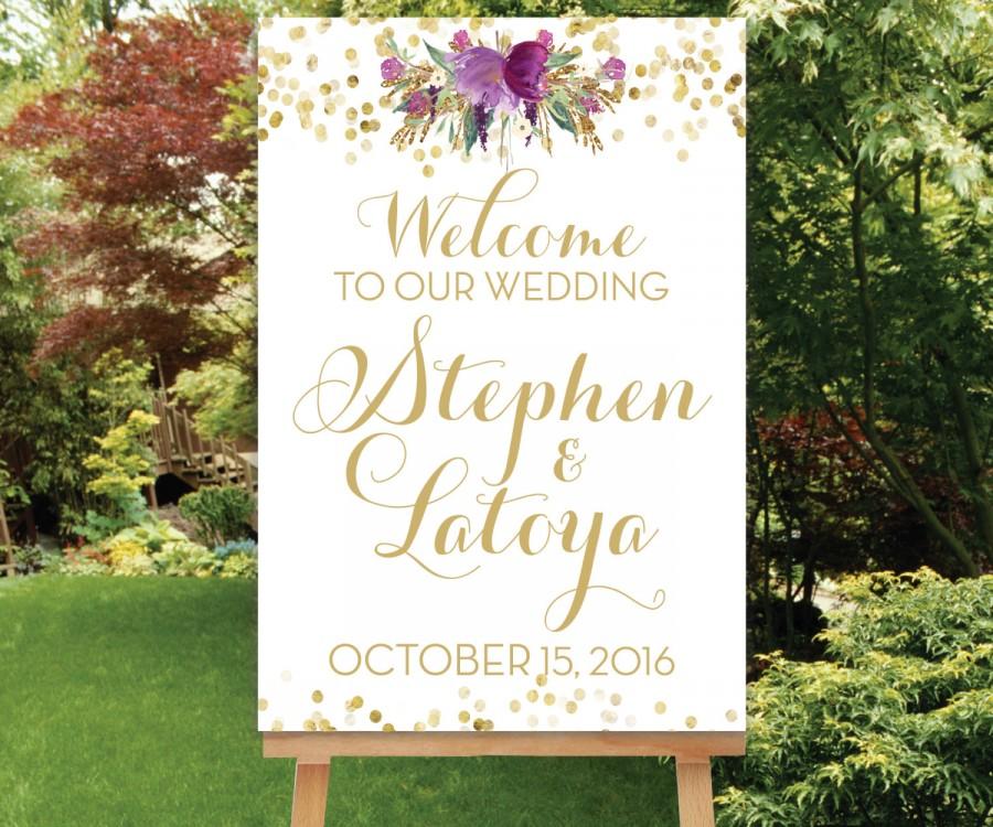 Свадьба - Printable Large Wedding Welcome Sign Reception Entrance Sign Purple Flower Gold Confetti The Carmel
