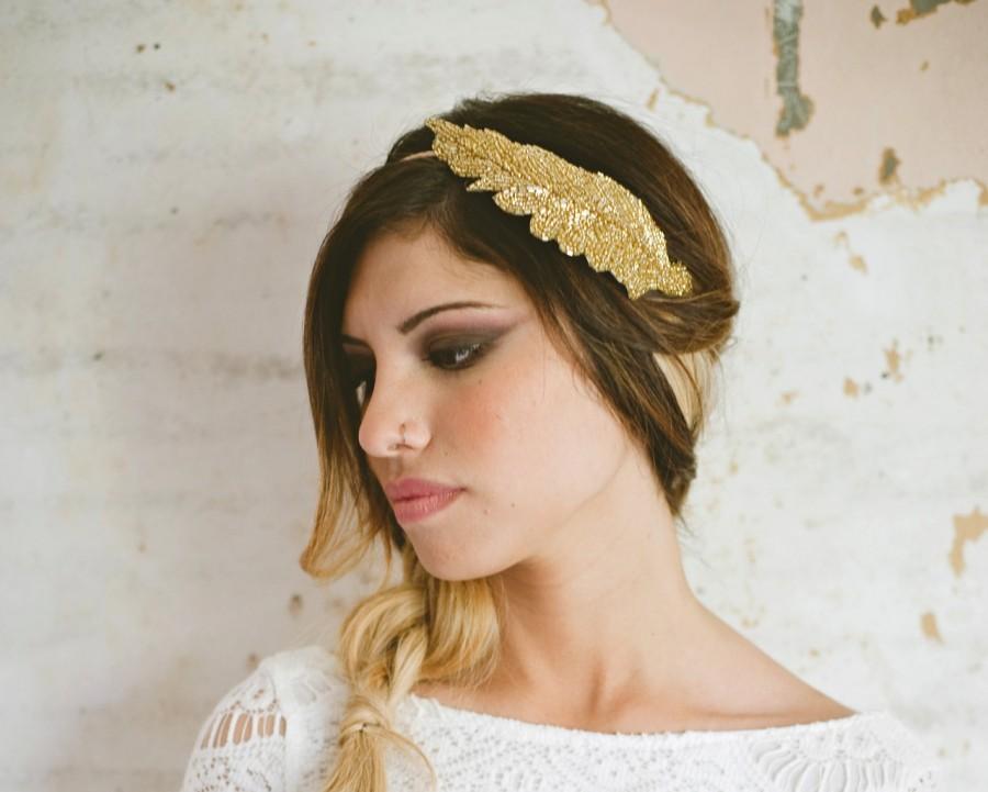Mariage - Grecian Goddess Gold Beaded Leaf Headband