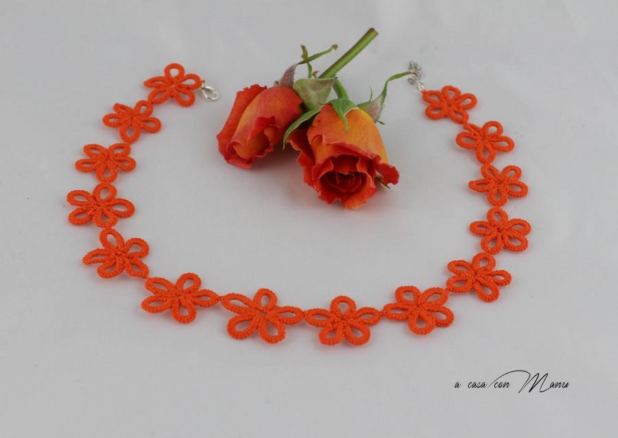 Hochzeit - Collana arancione pizzo chiacchierino, Orange lace collar necklace, regalo per lei, jewelry tatting, collana girocollo, handmade in Italy