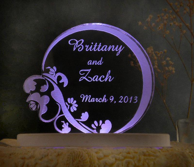 Hochzeit - Floral  Contemporary  Wedding Cake Topper  - Engraved & Personalized - Light Extra