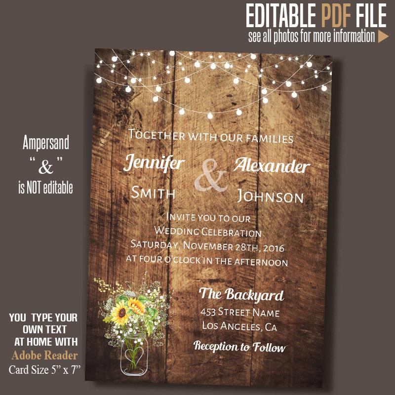 Mariage - Sunflower mason jar Wedding Invitation, Barn Wedding invitation, Rustic wedding invite, Instant Download Self Editable PDF file A088-A225