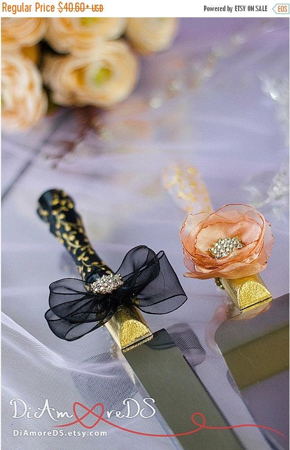 Hochzeit - 10% OFF Сake server and knife, black  blush pink, personalized. collection Аrt Deco, flowers wedding, server set, gold lace, 2pcs C3/4/1/13/