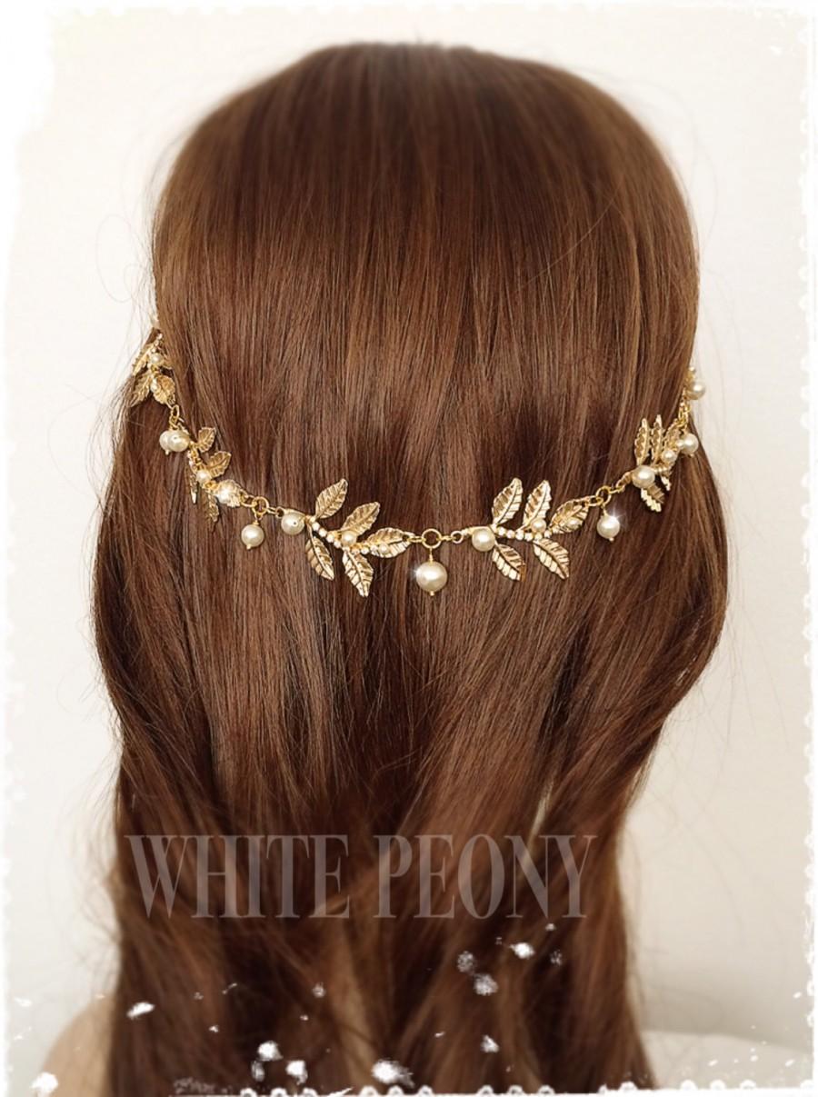 Hochzeit - Greek Goddess Laurel Leaf Hair Swag-Boho Gold Leaf Tiara-Grecian Leaves Headpiece Hair Drape-Art Deco Swarovski Pearl Headband-"ATHENA"