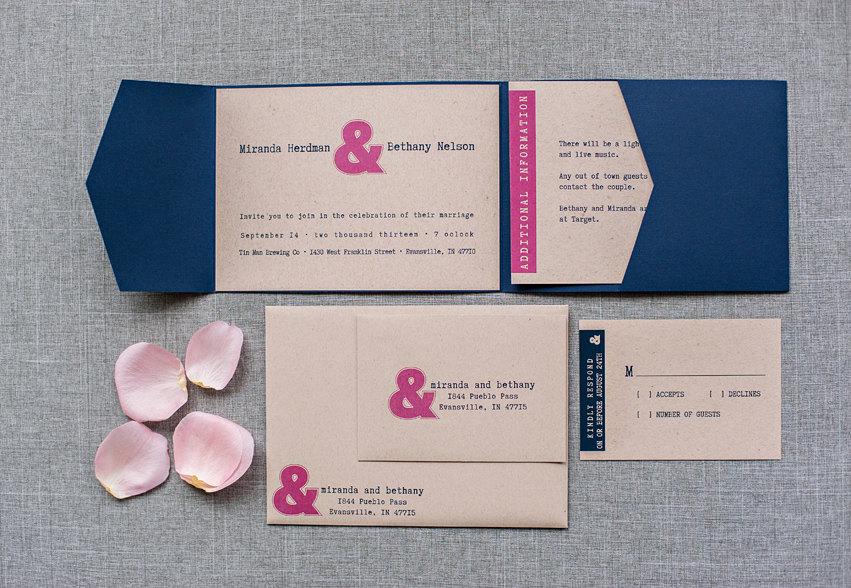 Wedding - Modern Navy and Pink Ampersand Wedding Pocket Invitation 