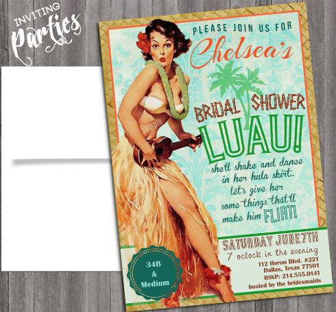 Свадьба - hawaiian Luau Vintage Pin Up Girl Invitation- Bachelorette, Hens night, Lingerie Shower Birthday party diy print file Printed Optional