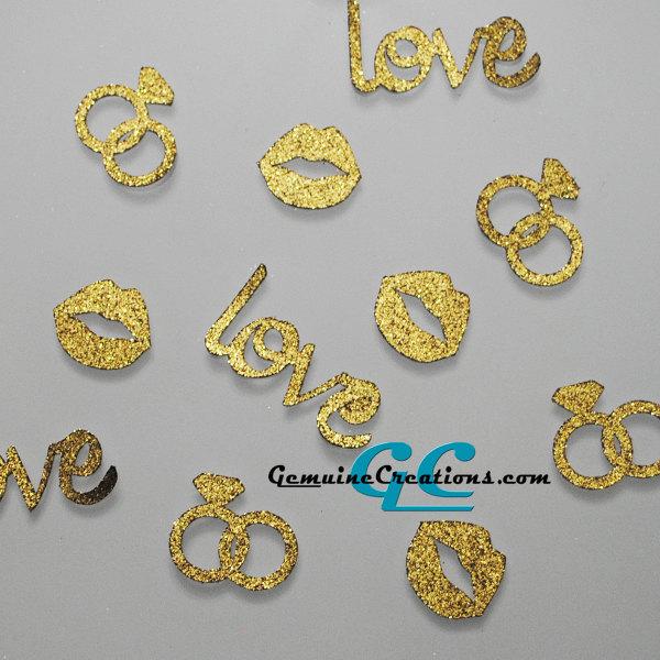 Свадьба - Wedding Table Confetti - 100 Gold or Silver Diamond Rings, LOVE, Kisses - Bridal, Engagement Party, Reception Decoration