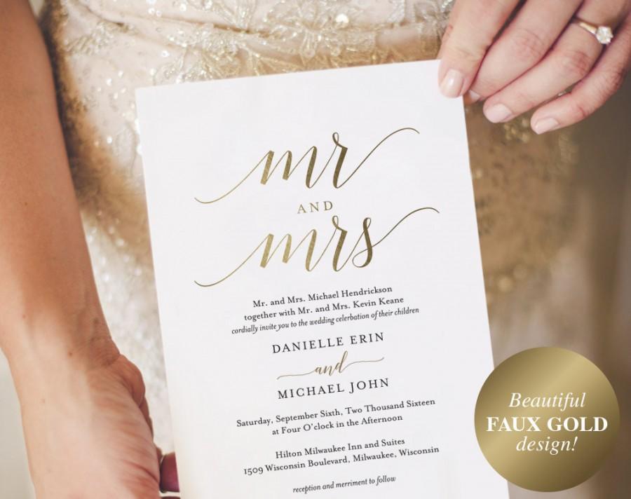 Wedding - Gold Wedding Invitation, Wedding Invitation Template, Wedding Invite, Faux Gold Wedding Invitation, Mr and Mrs, Instant Download #BPB324_1B