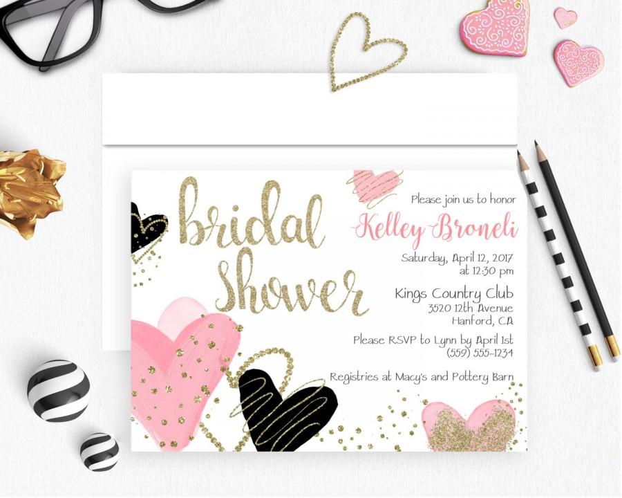 Hochzeit - Pink Bridal Shower Invitation, Pink & Gold Bridal Shower Invitation, Gold Glitter, Pink and glitter Hearts, Pink Hearts Invitation