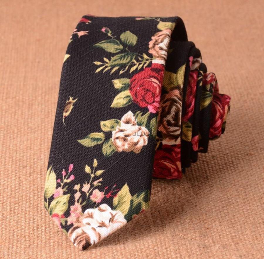 Hochzeit - Black Floral Skinny Tie 2" Inch Necktie Retro