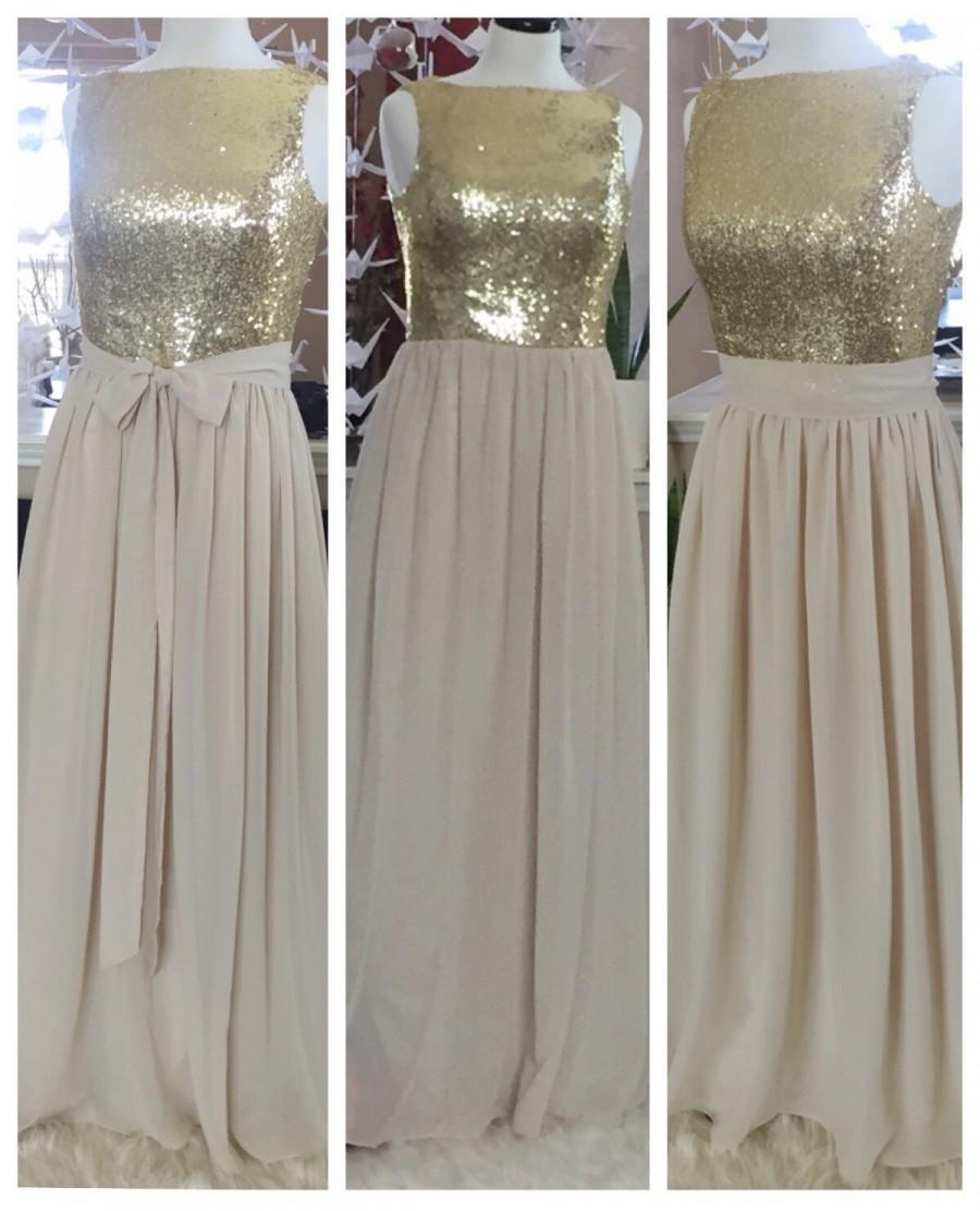 زفاف - Gold sequin bridesmaid dress / beige chiffon dress / maxi bridesmaid dress / gold sequin dress / custom made dress / sequin prom dress