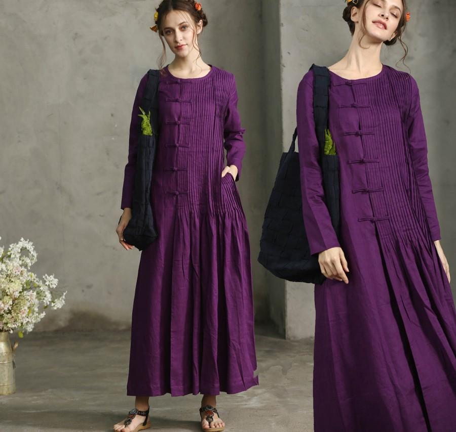 Hochzeit - Purple Sangria Maxi Dress, Pleated Handmade Dress, Maxi Linen Dress, Linen Evening Dress, Long Sleeve Dress, Cocktail Dress, Long Linen