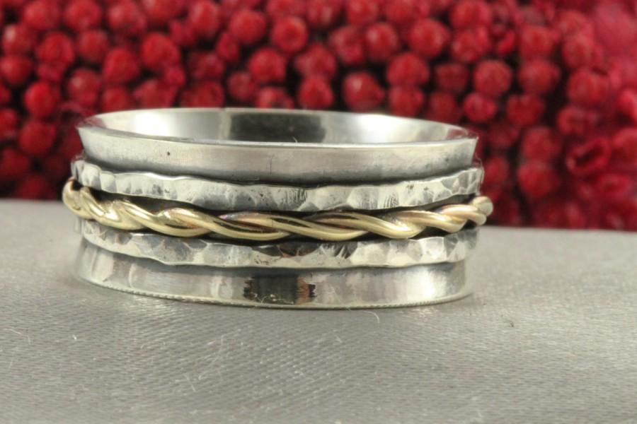 زفاف - 14K Ring ,Sterling Silver AND 14k Gold BANDS,Yellow Gold Twist Ring Silver&Gold Wide Ring,Silver Spinning Ring,Meditation Ring,Spinner Ring,