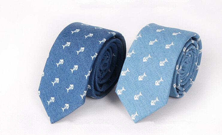Wedding - Denim Necktie.Blue Necktie with Fish Pattern.Gift for Him.Mens Gifts.Skinny Tie.Wedding Tie