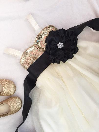 Mariage - Gold and ivory flower girl dress, Black flower girl dress, Black and ivory flower girl dress, Gold and black fower girl