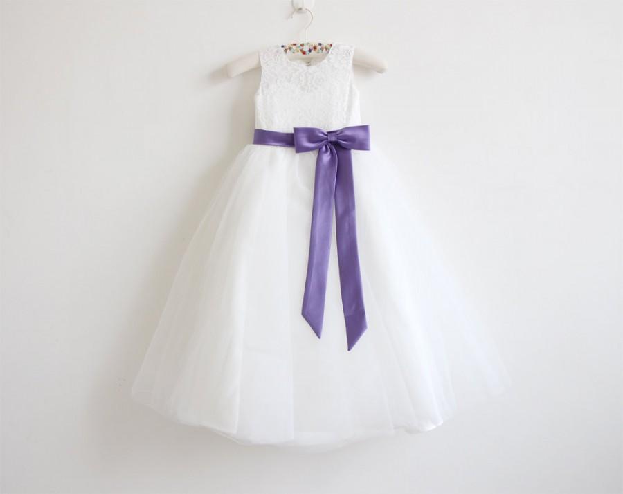 Свадьба - Light Ivory Flower Girl Dress Purple Baby Girls Dress Lace Tulle Flower Girl Dress With Purple Sash/Bows Floor-length
