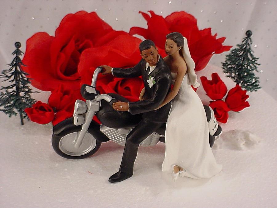 Wedding - Motorcycle Get Away Ethnic Couple Hispanic Bride and African American Groom Wedding Cake Topper- Mix Skin Tones Hand Painted Figurines
