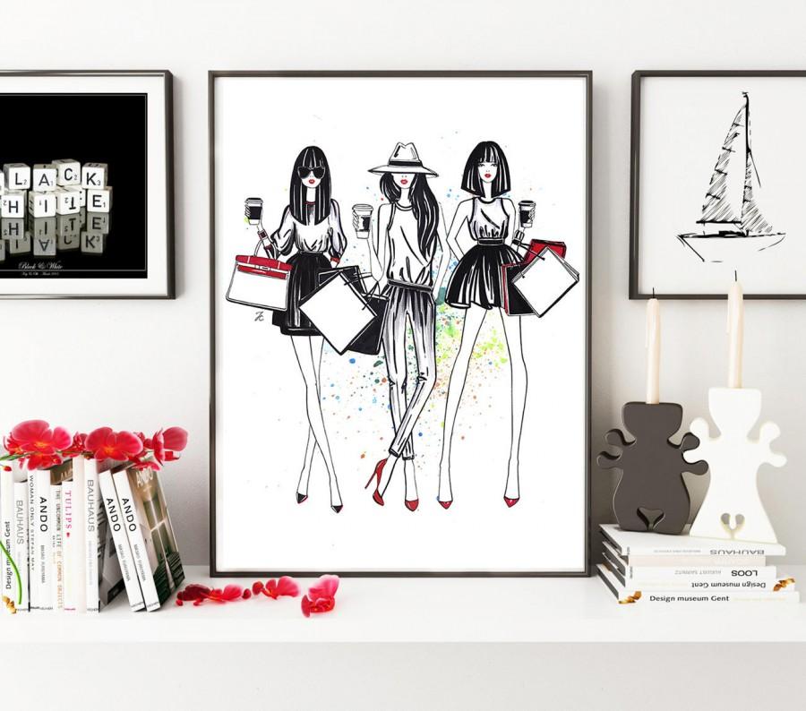 Hochzeit - Fashion girls, Fashion illustration, Fashion girl art, Shopping, Black and White art, Fashion print, Fashion watercolor, Hermes bag