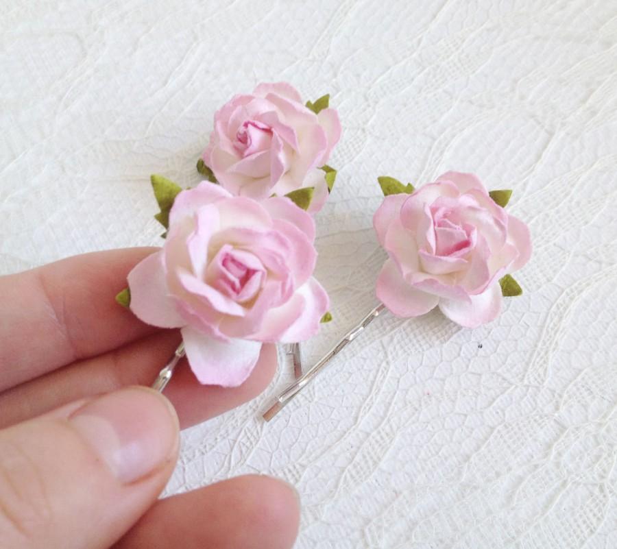 Wedding - Pink Rose Hair Clips, wedding hair accessories, bridal hair clips, pink rose pins, flower hair clips, rose bobby pins, flowergirl