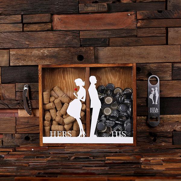 Wedding - Beer Cap Holder Personalized Shadow Box FREE Bottle Opener Corkscrew Wine Cork Holder, Couple , Craft Beer His and Hers, Wedding Gift 025335