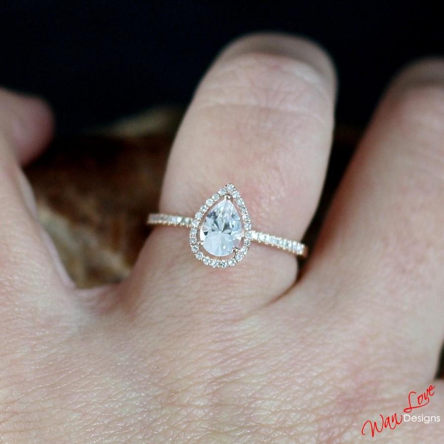 زفاف - Light Pink Sapphire & Diamond Pear Halo Engagement Ring 1ct 7x5mm 14k 18k White, Yellow, Rose Gold Platinum Custom made Wedding Anniversary