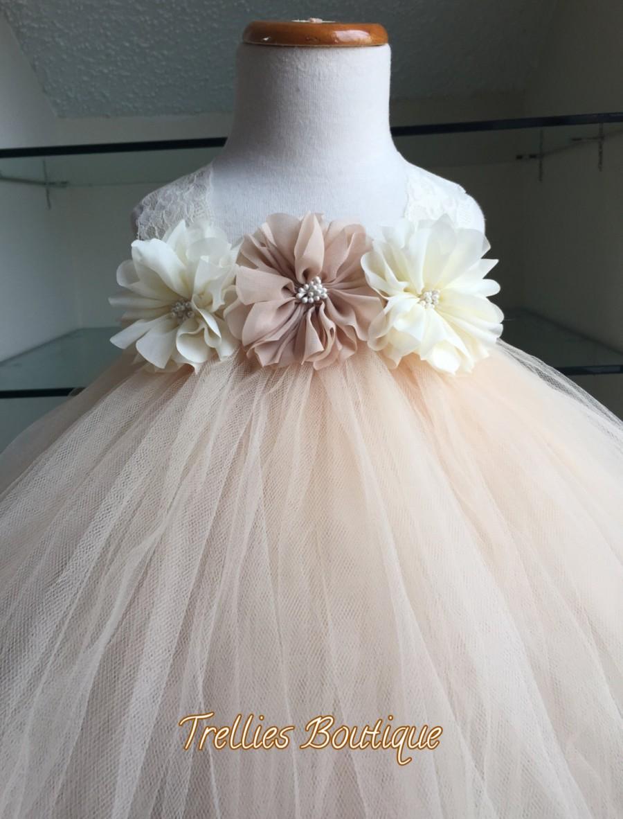 Hochzeit - Ivory Champagne Flower Girl Chiffon Flower Tutu Dress, Flower Girl Dress- Wedding Dress- Junior Bridesmaid