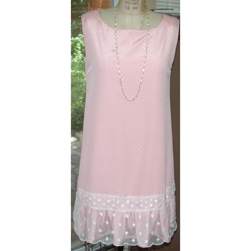 زفاف - No. 500 Polka Dot Washable Salmon Pink and White Silk Crepe Dress  & Antique Embroidered Polka Dot Netting - Hand-made Beautiful Dresses