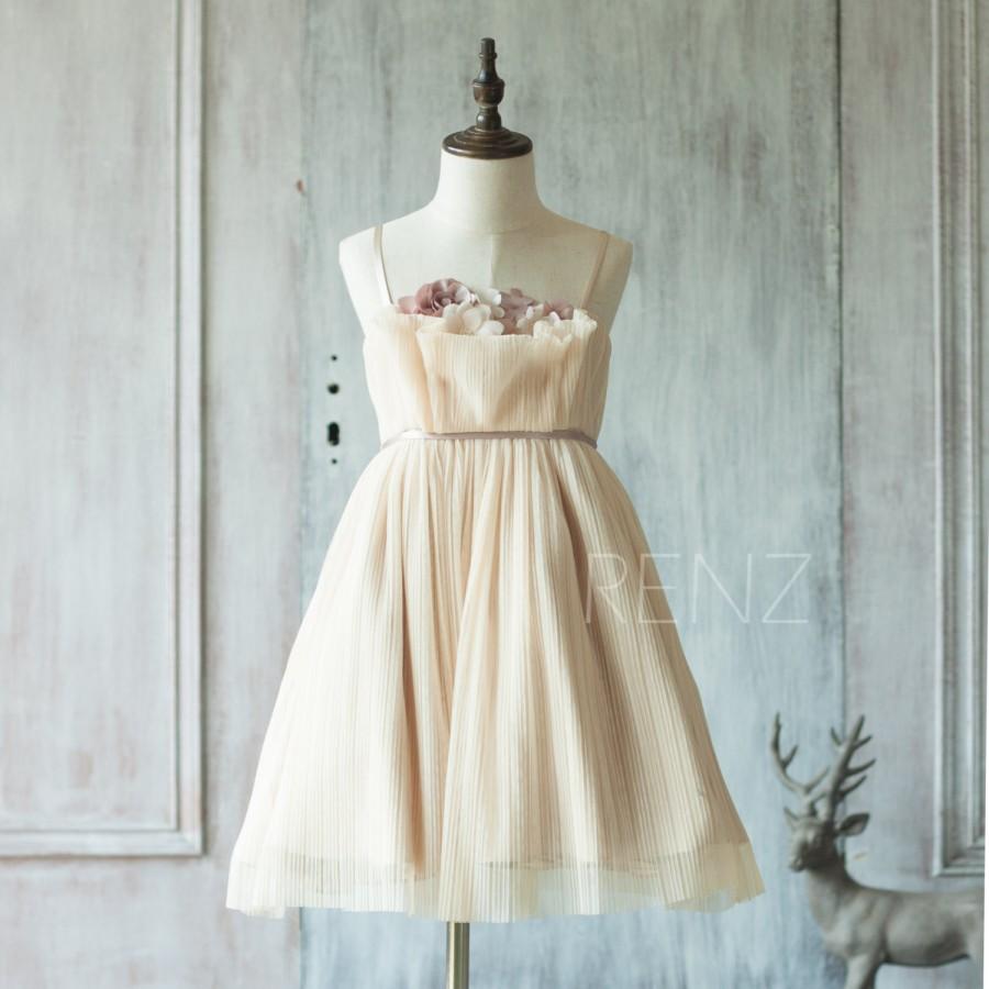 Mariage - 2017 Beige Junior Bridesmaid Dress, Ruched Flower Girl Dress, Spaghetti Strap Rosette dress, knee length (JK007)