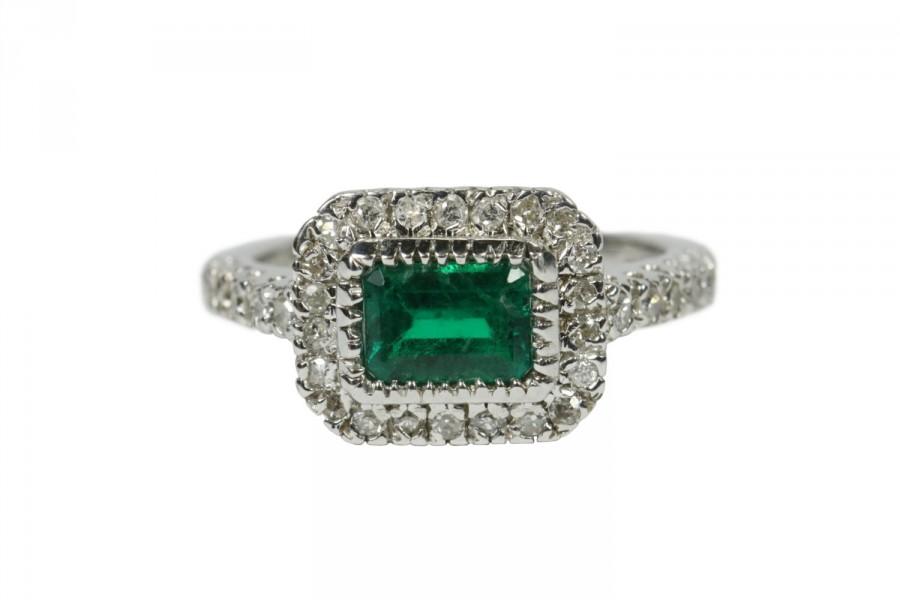 Hochzeit - 1.60tcw Colombian Emerald & Diamond Halo Engagement Ring 14k White Gold, Emerald Cut Emerald Ring, Emerald Engagement Ring Pure Gold