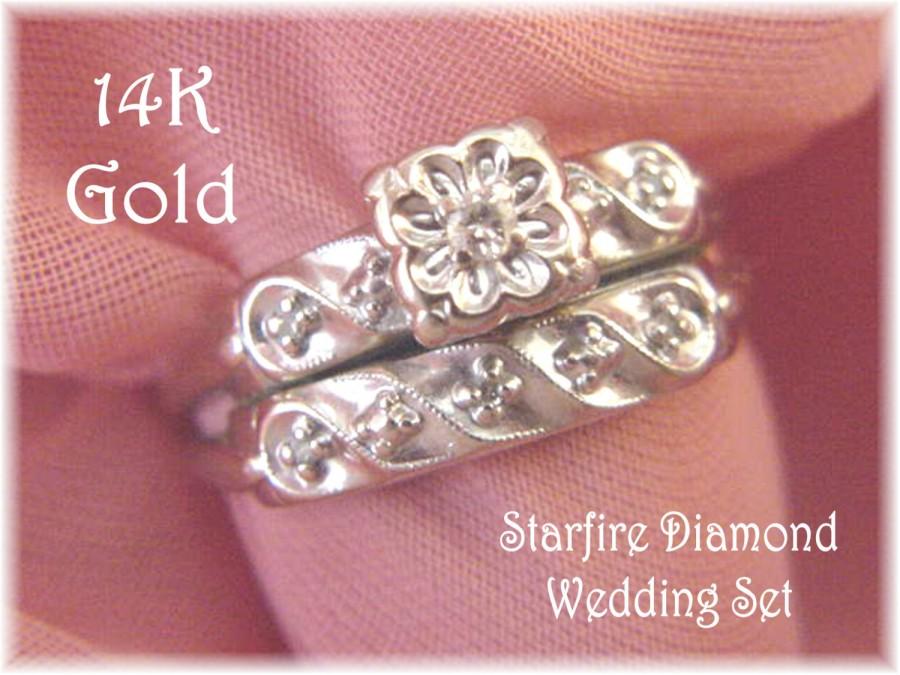 زفاف - 14K White Gold - Starfire Diamond Wedding Ring Set - Pennsylvania Antique Vintage Estate - Wedding Bride Victotian - Gift Box FREE SHIPPING