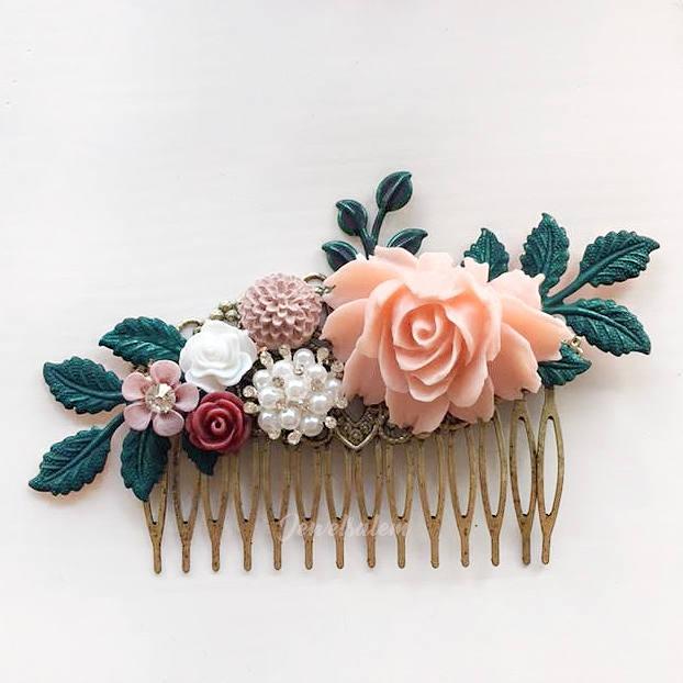 Hochzeit - Pink Bridal Comb Blush Maroon Wine Red Teal Green Wedding Hair Comb Leaf Flower Soft Pastel Romantic Woodland Headpiece for Bride Customize