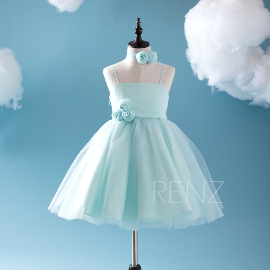 Hochzeit - 2017 Mint Blue Junior Bridesmaid Dress, Spaghetti Strap Flower Girl Dress, Rosette dress, Puffy dress Tea length (ZK028)