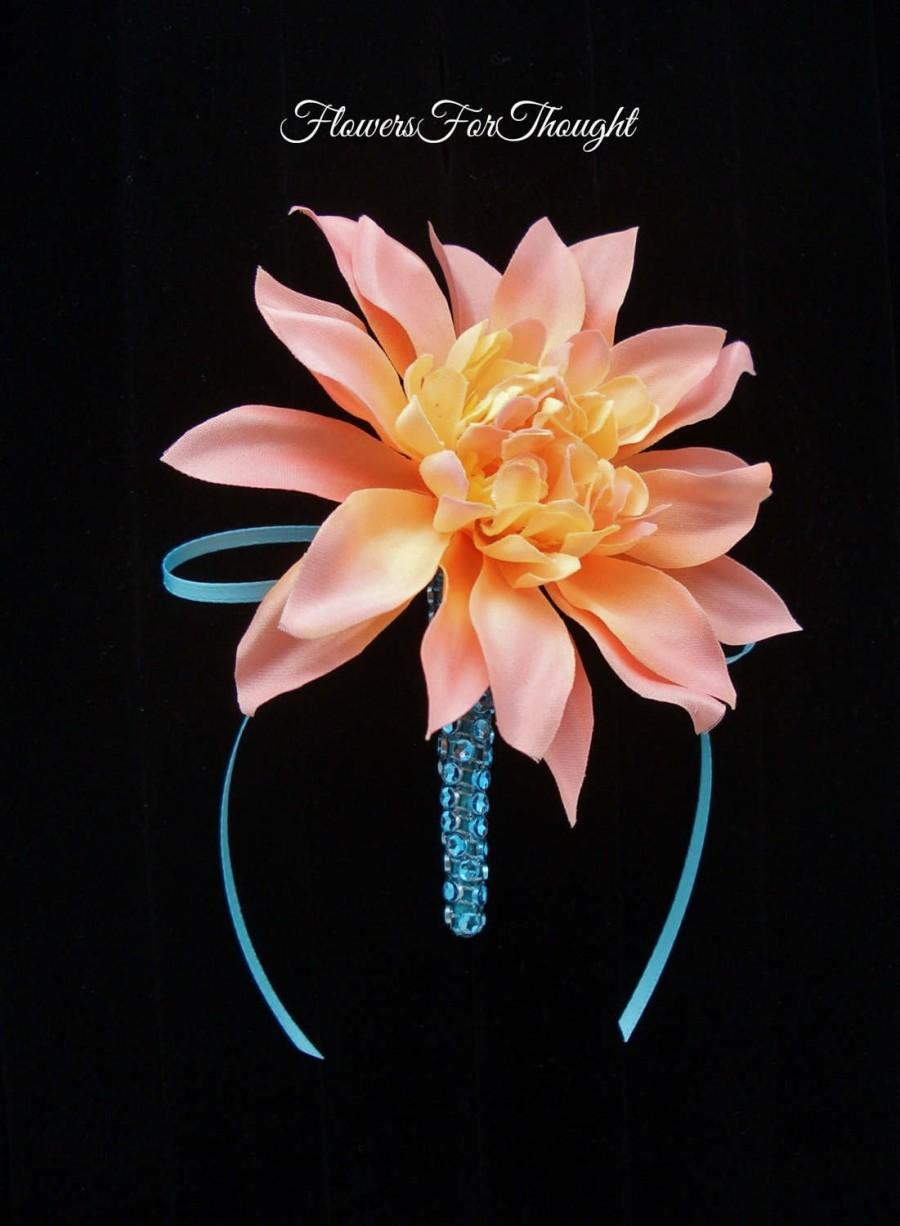 Wedding - Peach Dahlia Boutonniere with Aqua Ribbon Accent, Mens Wedding Flower, Groom Lapel Pin Decoration