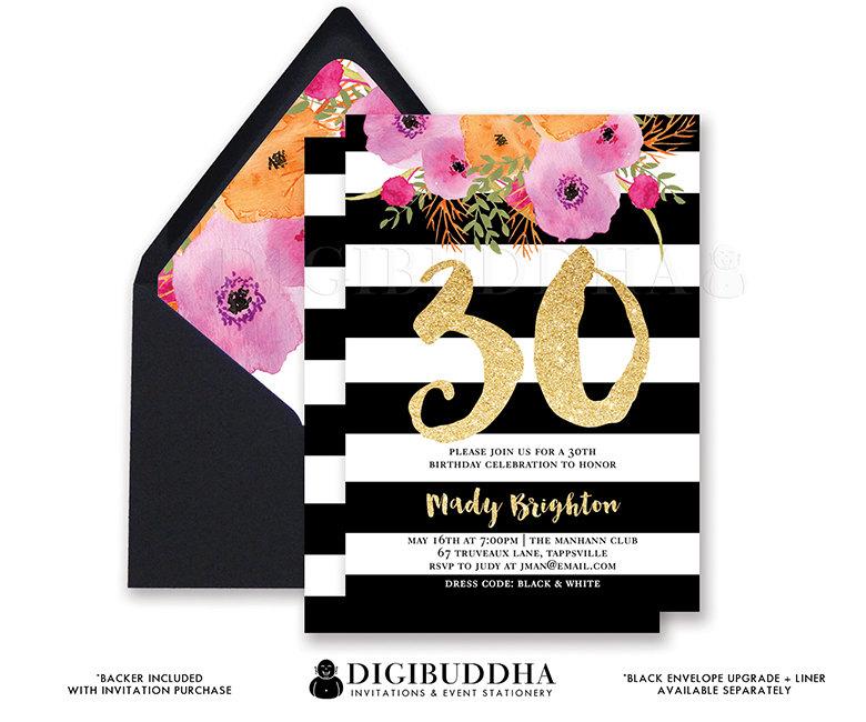 زفاف - BLACK & WHITE BIRTHDAY Invitation Stripe Gold Glitter 30th 21st Party Modern Watercolor Flower Free Priority Shipping or DiY Printable- Mady