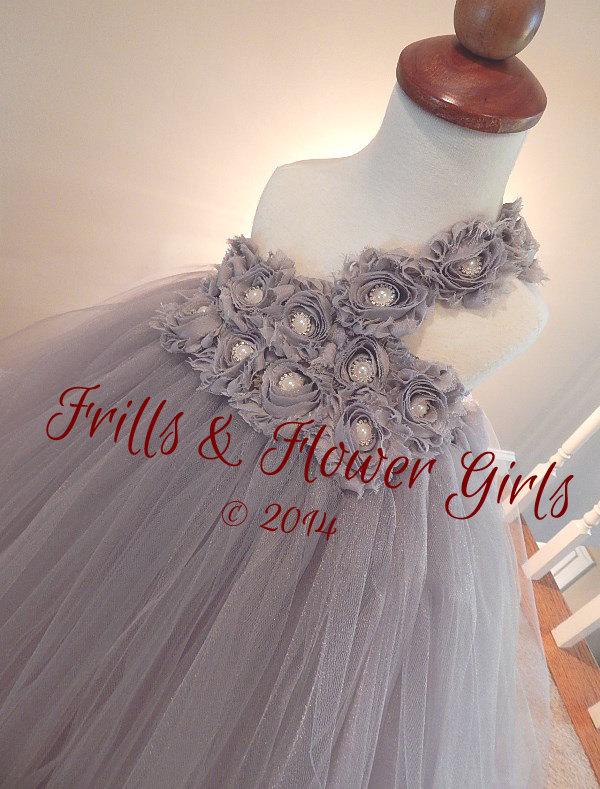 Wedding - One Shoulder Grey or Silver Shabby Flower Tutu Dress with One Shoulder Tutu Dress for Flower Girls Sizes 2T, 3T, 4T up to Girls size 7