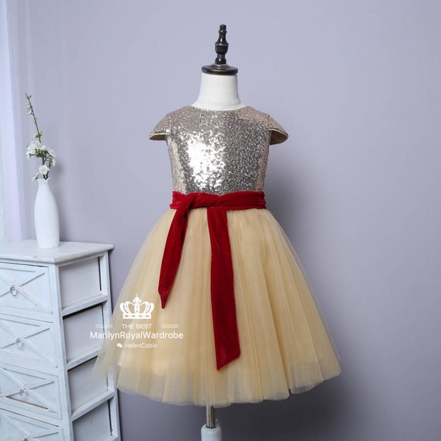 Mariage - Gold Sequin Soft Tulle Flower Girl Dress Cap Sleeve Birthday Party Dress Knee Length With Cranberry Belt