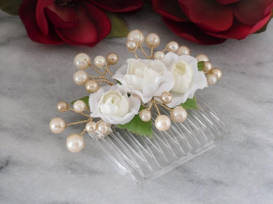 زفاف - Ivory Pearl Hair Comb Silk Flower Bridal Beach Wedding Floral Headpiece