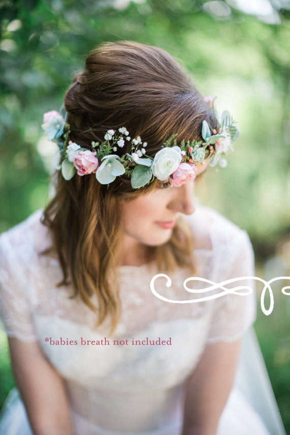 Свадьба - bridal headpiece, bridal flower crown, bridal hair piece, ivory flower crown, mint hair accessories, floral crown wedding, woodland crown